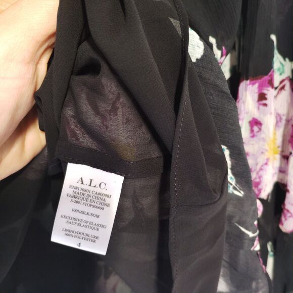 ALC Top Womens 4 Black Pink Multi Floral Silk Venetia Sheer Sleeve Boho Fairy - Picture 8 of 10